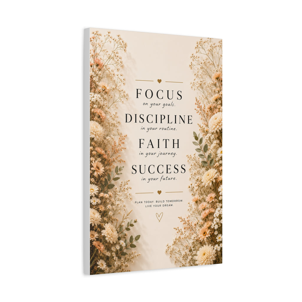 Inspirational Floral Canvas Wall Art — "Focus, Discipline, Faith, Success"
