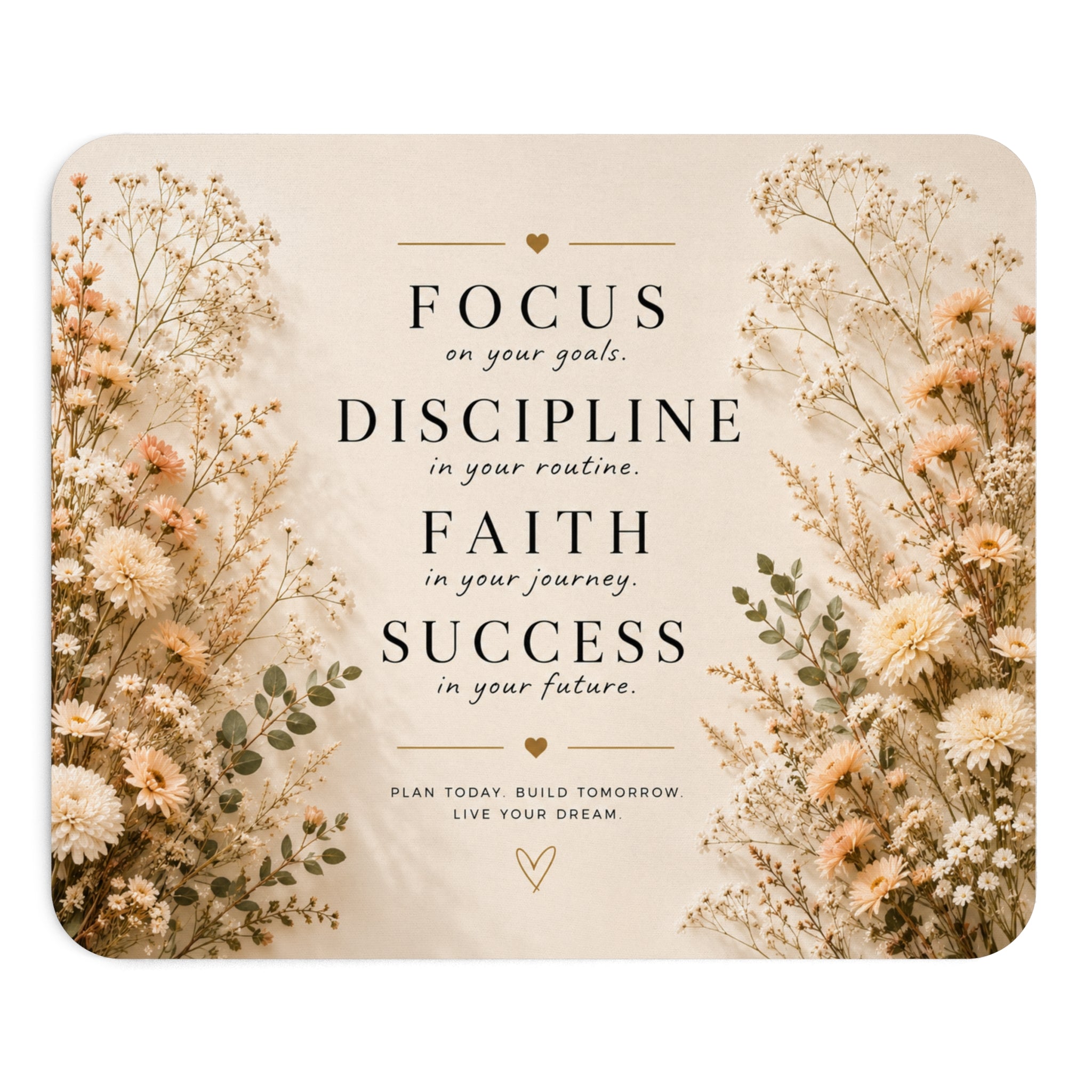 Inspirational Floral Mouse Pad — "Focus, Discipline, Faith, Success" Desk Mat