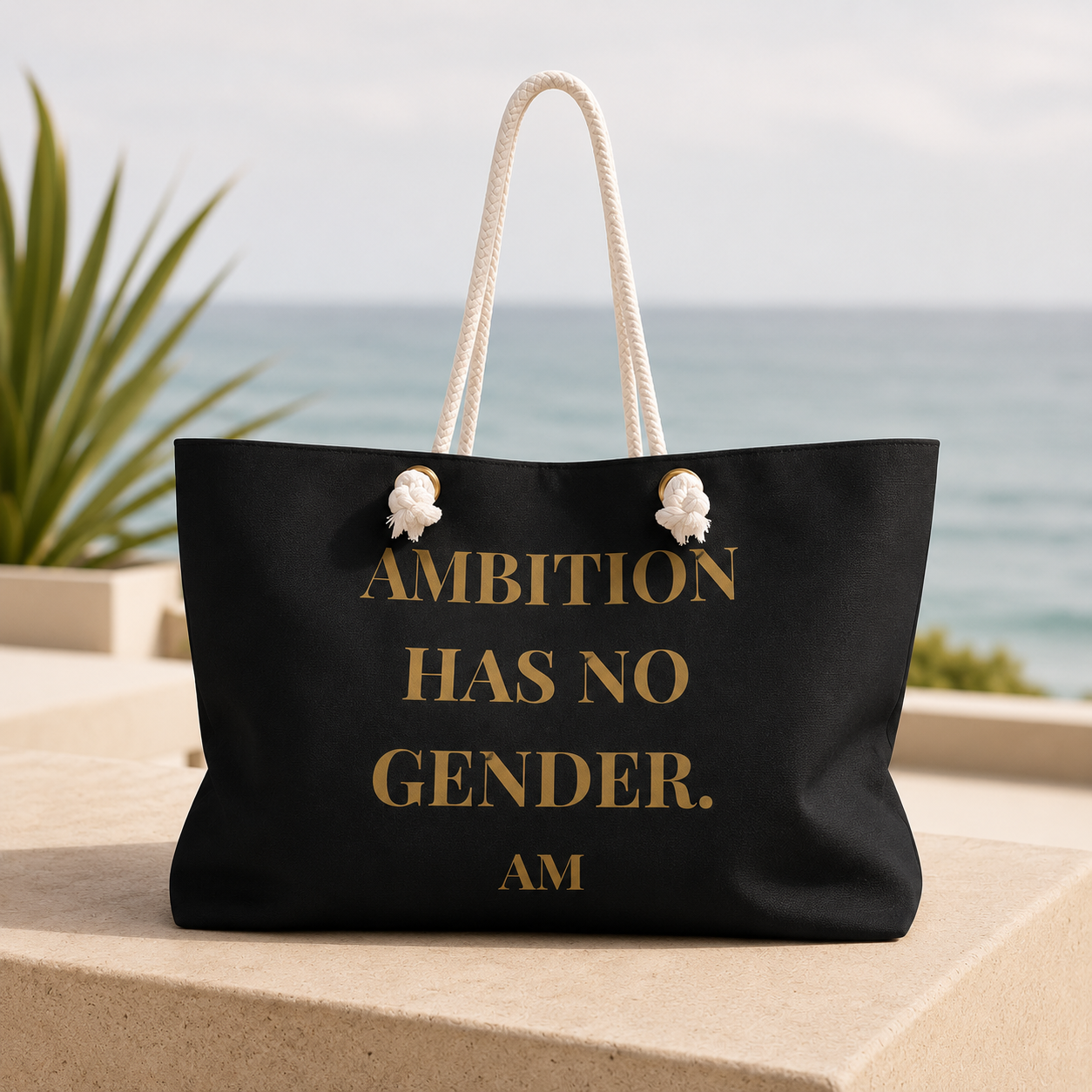 Ambition Has No Gender Weekender Bag – Gold Typography Travel Tote