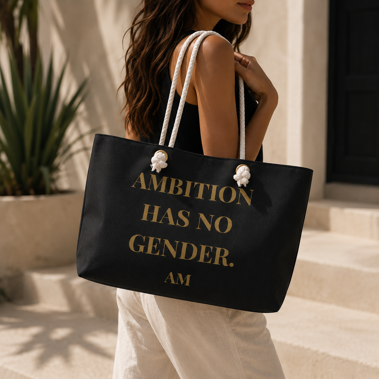 Ambition Has No Gender Weekender Bag – Gold Typography Travel Tote