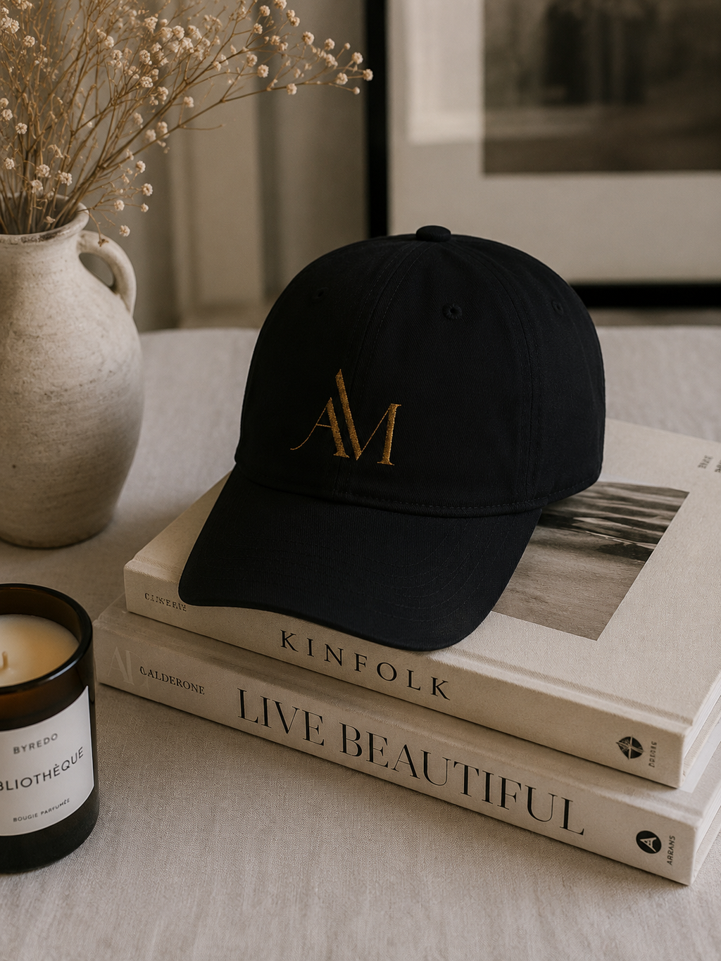 Embroidered "AM" Organic Cotton Baseball Cap — Natural Monogram Hat