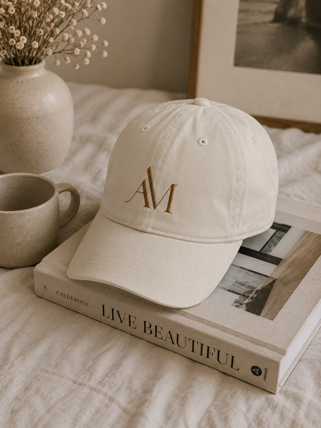Embroidered "AM" Organic Cotton Baseball Cap — Natural Monogram Hat