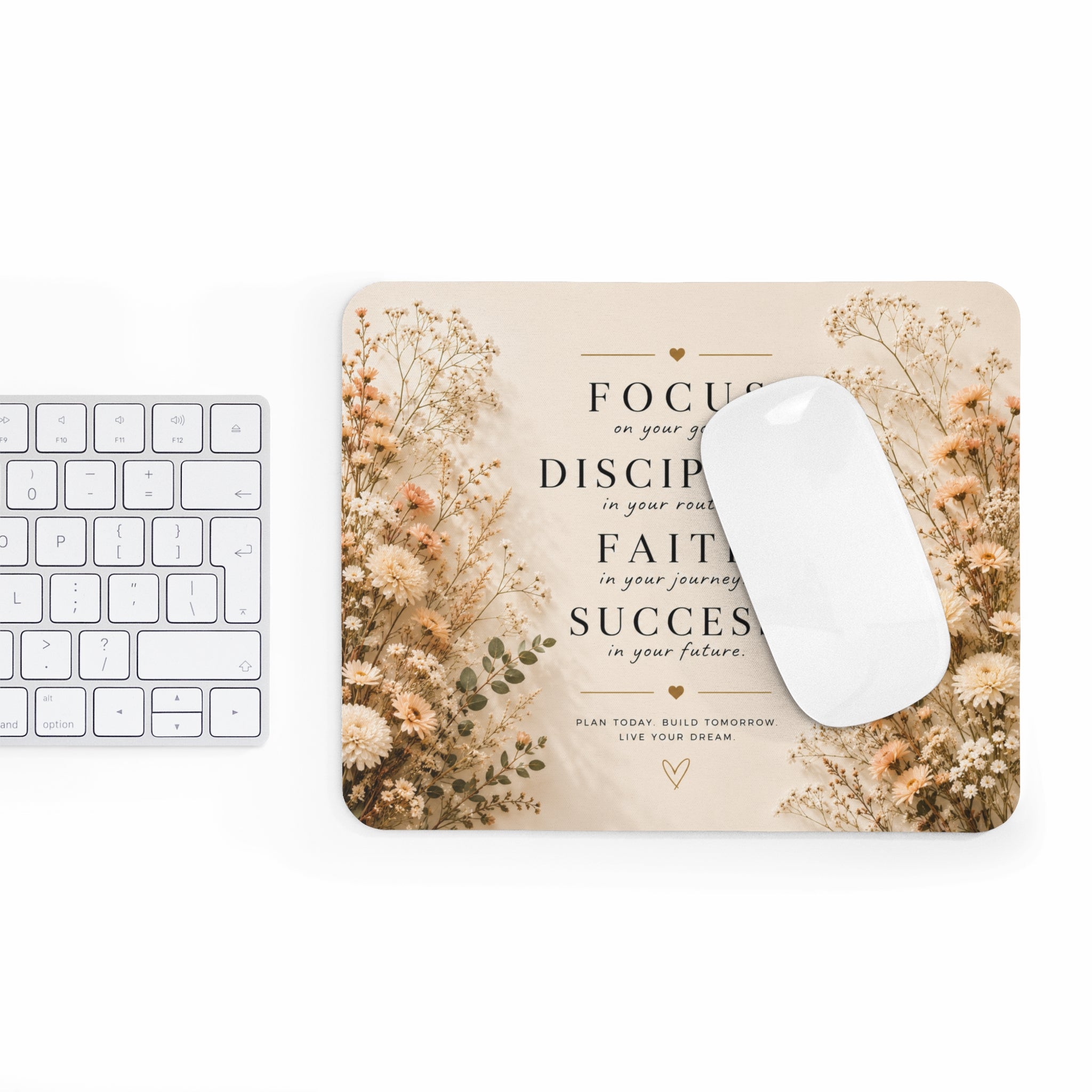 Inspirational Floral Mouse Pad — "Focus, Discipline, Faith, Success" Desk Mat