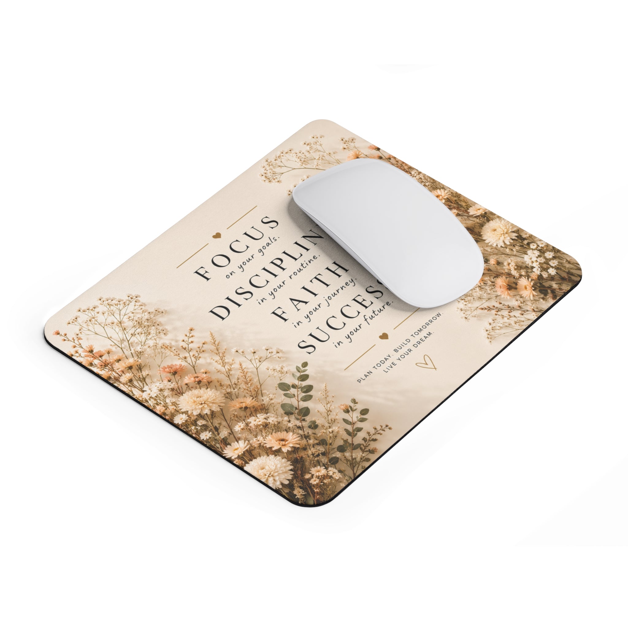 Inspirational Floral Mouse Pad — "Focus, Discipline, Faith, Success" Desk Mat