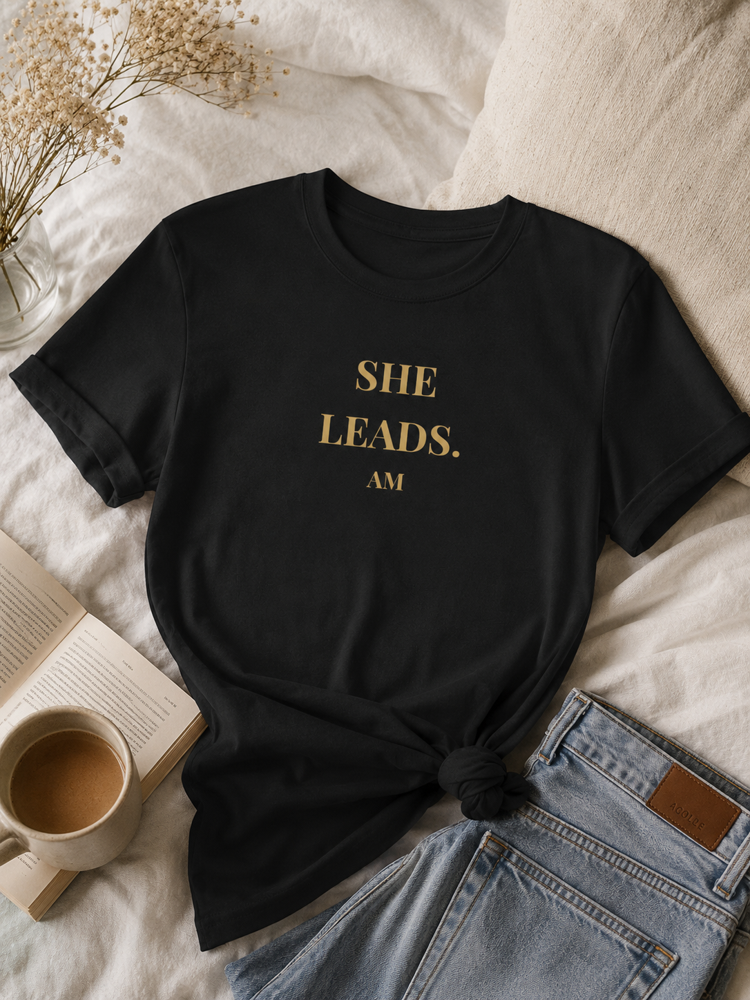 She Leads — Feminine Gold Script Leadership Tee