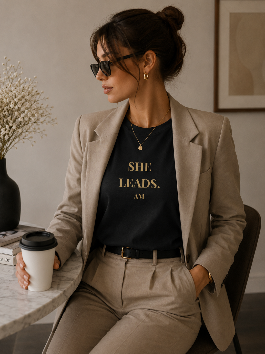 She Leads — Feminine Gold Script Leadership Tee