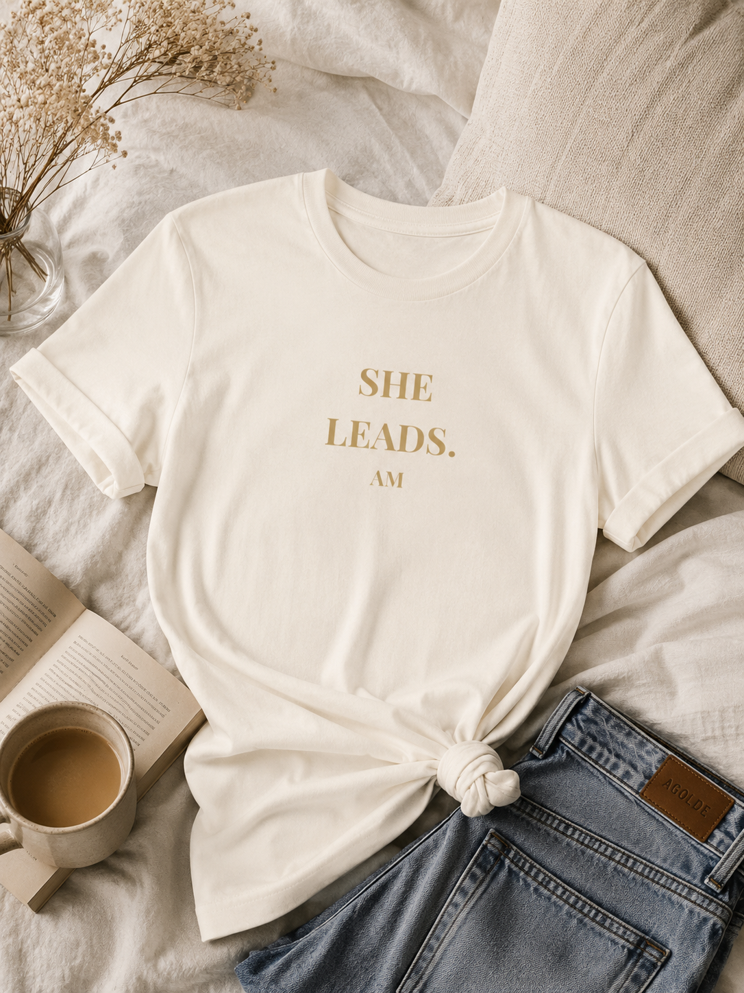 She Leads — Feminine Gold Script Leadership Tee