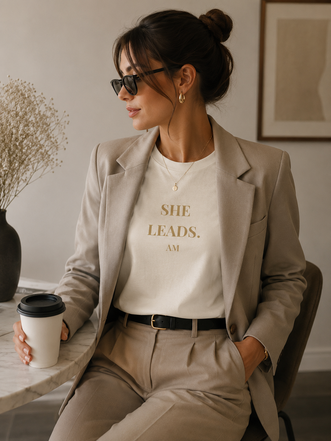 She Leads — Feminine Gold Script Leadership Tee
