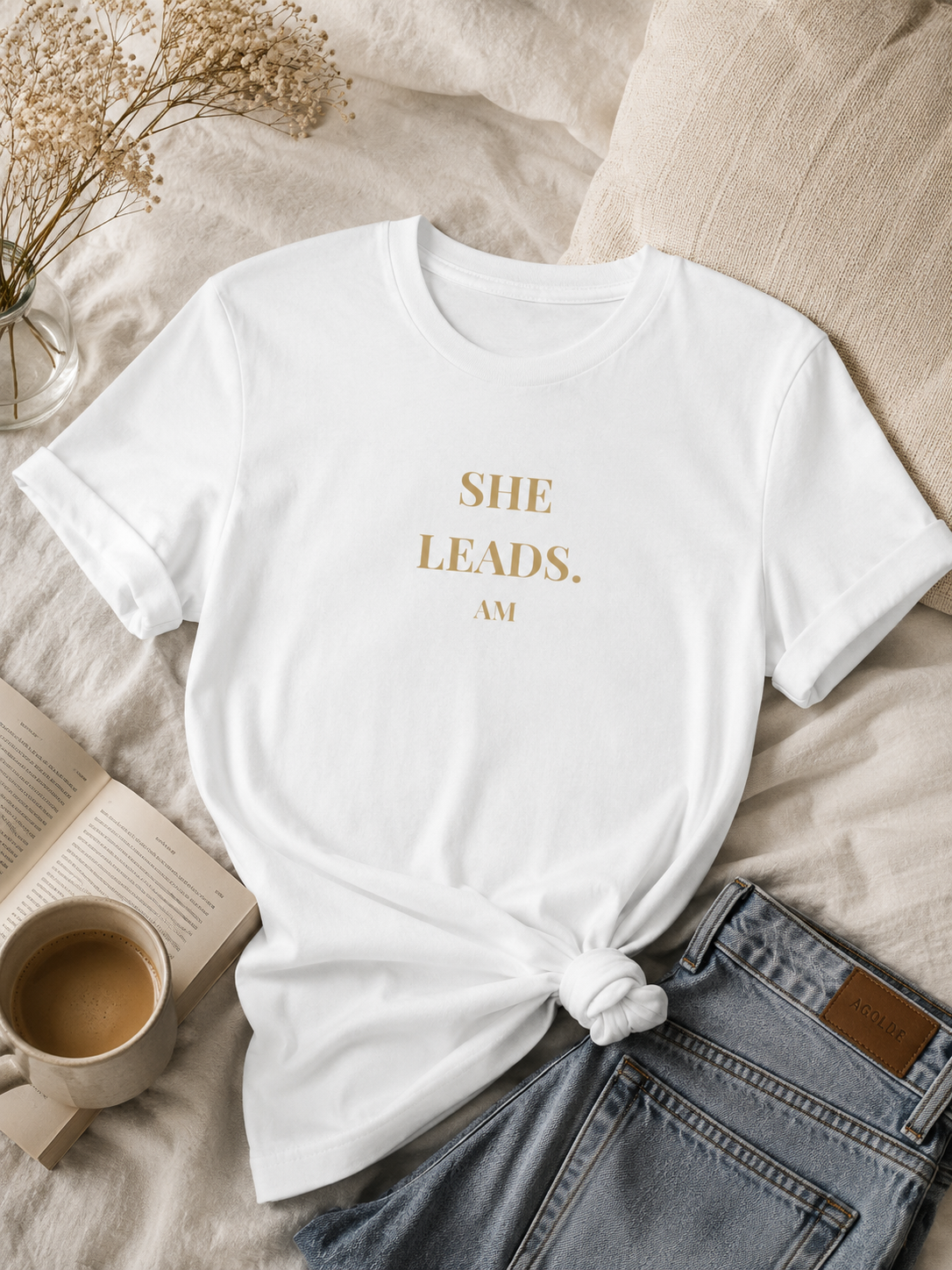 She Leads — Feminine Gold Script Leadership Tee