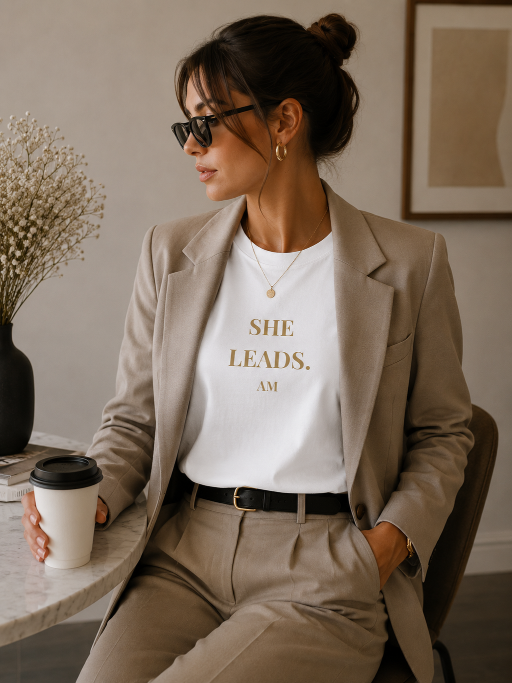 She Leads — Feminine Gold Script Leadership Tee