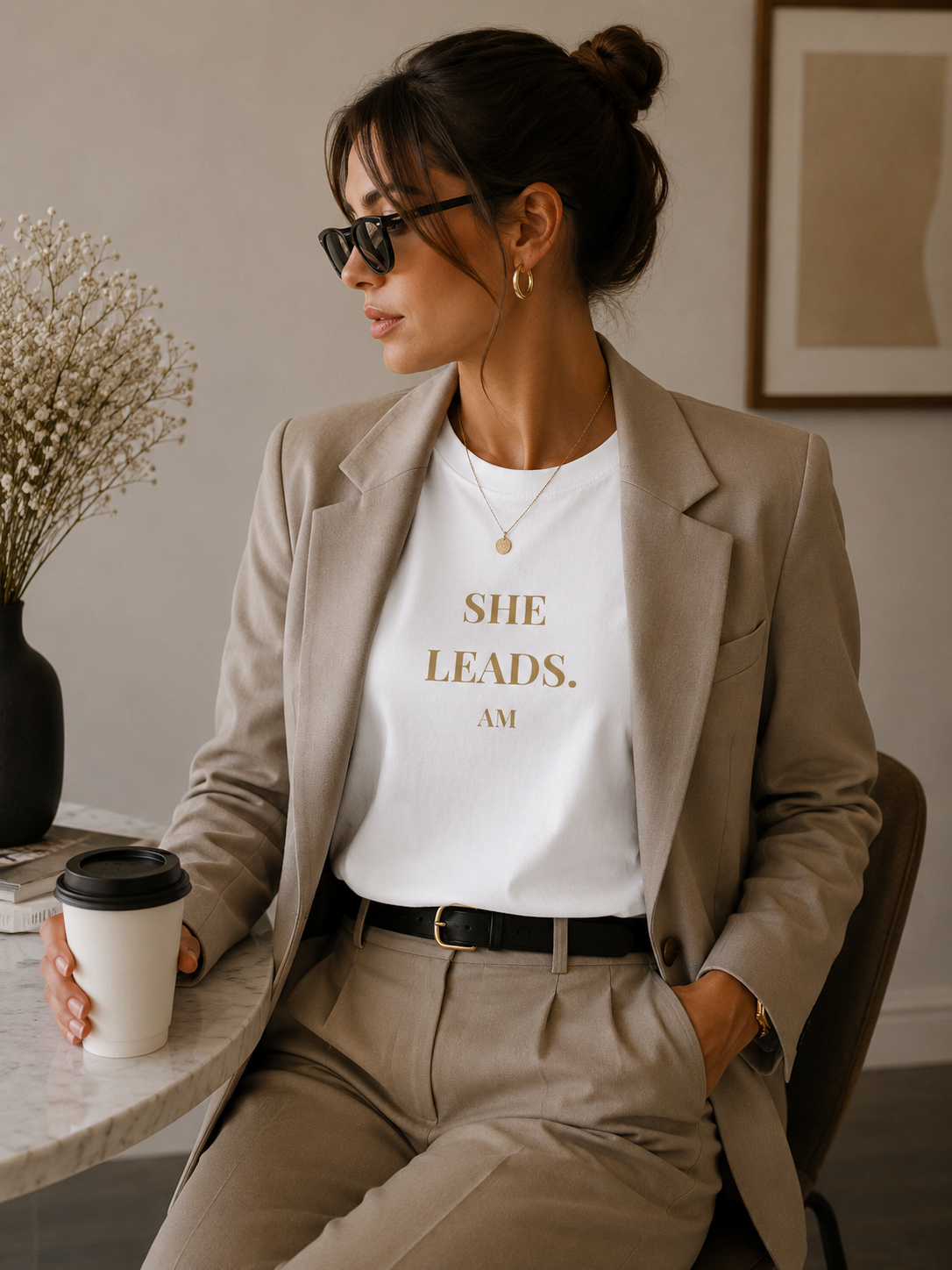 She Leads — Feminine Gold Script Leadership Tee